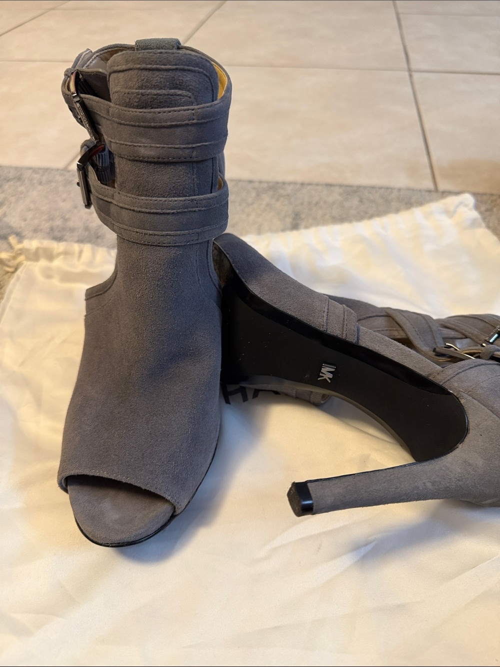 Michael Kors MICHAEL | Gray Open-Toe Suede Ankle Heels with Buckle Straps